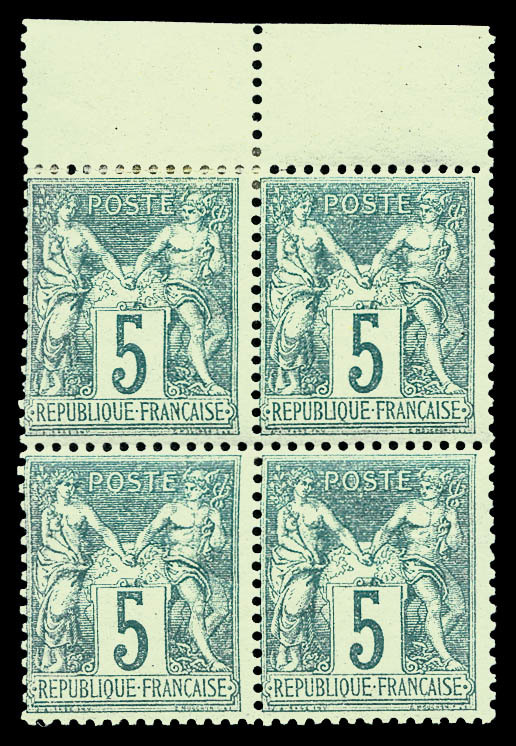 ** N°64, 5c Vert Type I En Bloc De Quatre Haut De Feuille (2ex*). TTB (signé Brun/certificats)  Cote: 5000 Euros  Qualit - 1876-1878 Sage (Type I)
