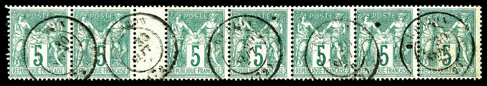 O N°64, 5c Vert Type I En Bande De 7 Avec Pont. TTB (certificat)    Qualité: O - 1876-1878 Sage (Type I)