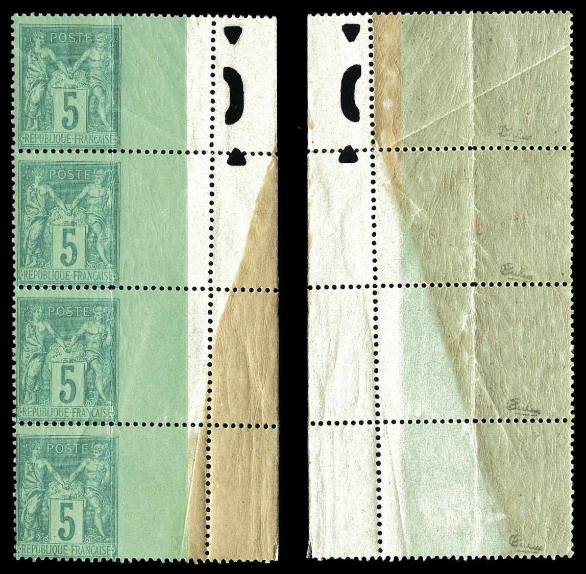 ** N°75, 5c Vert-emeraude Type II, Spectaculaire Variété Piquage Décalé De 1cm Vers La Droite Sur Bande De 4 Exemplaires - 1876-1878 Sage (Type I)