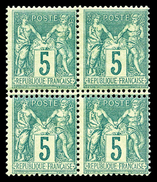 ** N°75, 5c Vert, Double Piquage Horizontal Sur Bloc De Quatre (2ex*). TTB (certificat)    Qualité: ** - 1876-1878 Sage (Type I)