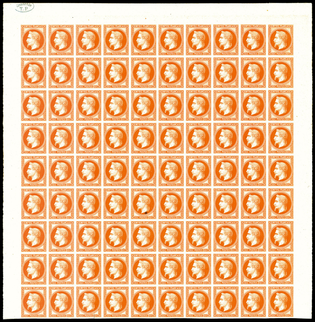 (*) N°30, 30c Orange Vif: Essai En Panneau De 90 Exemplaires Bdf Avec Cachet De Contrôle, Fraîcheur Postale. R.R. SUPERB - Autres & Non Classés