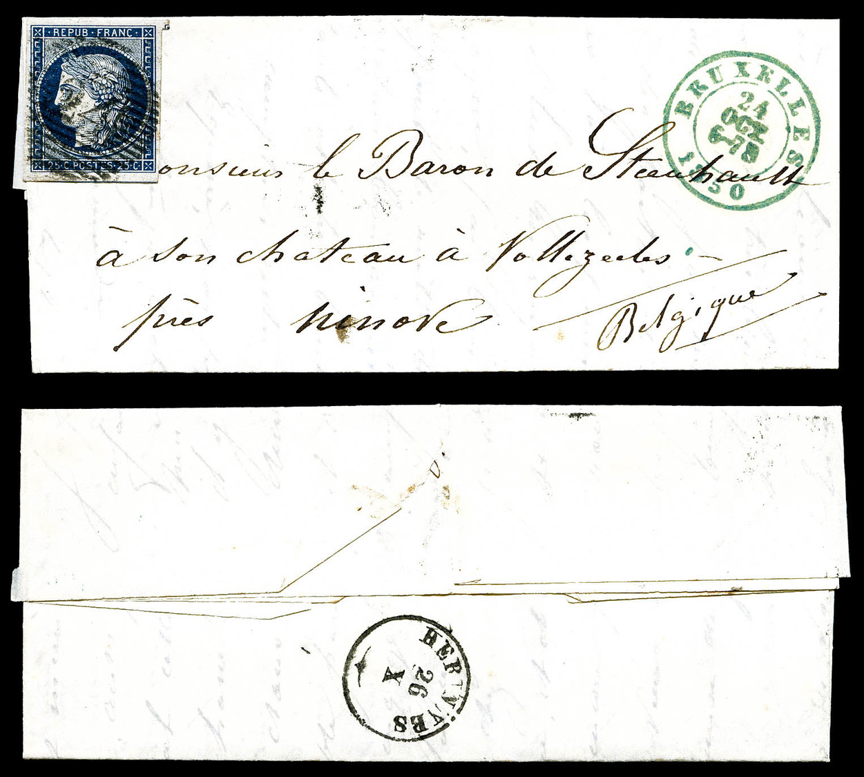 O N°4, Cérès 25c Bleu Obl CACHET BELGE P24 Sur Lettre Du 24 Oct 1850 Au Départ De Bruxelles. Timbre De France Ayant Circ - 1849-1876: Période Classique