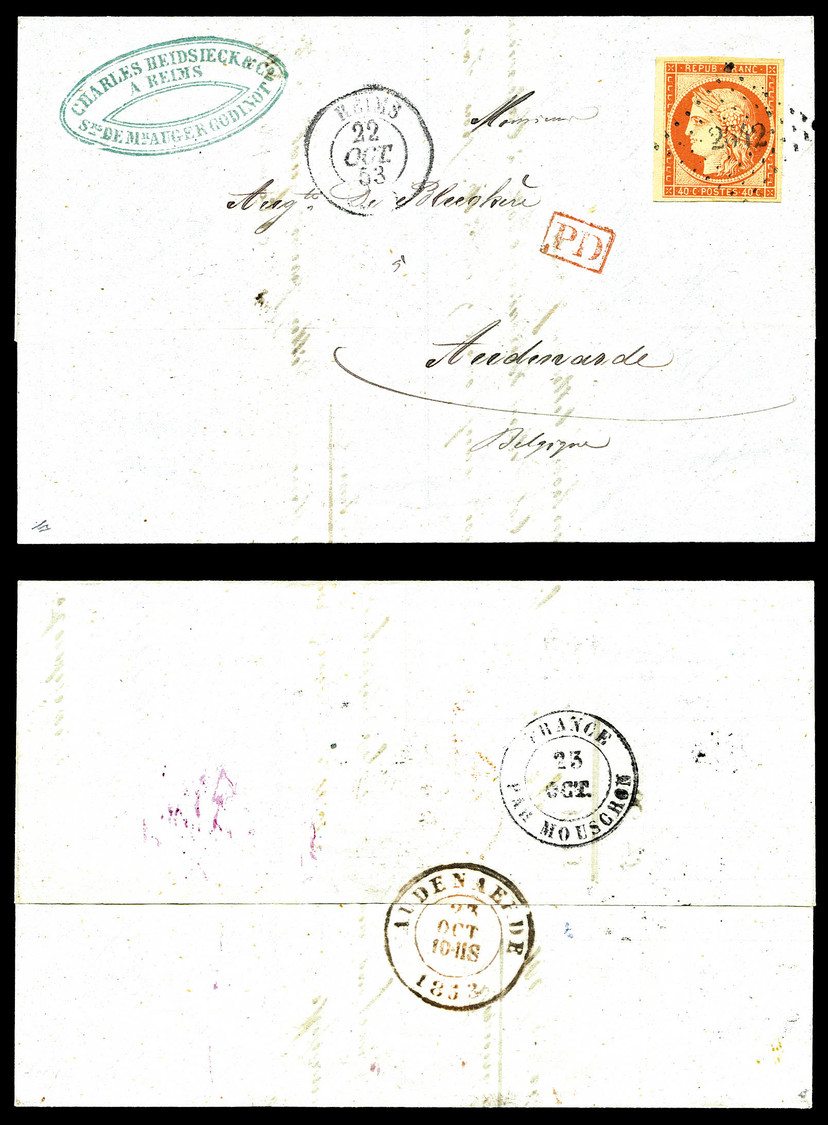 O N°5a, 40c Orange Vif Sur Lettre De Reims Le 22 Oct 1853 à Destination D'Audenarde (Belgique), SUP (certificat)  Cote: - 1849-1876: Période Classique