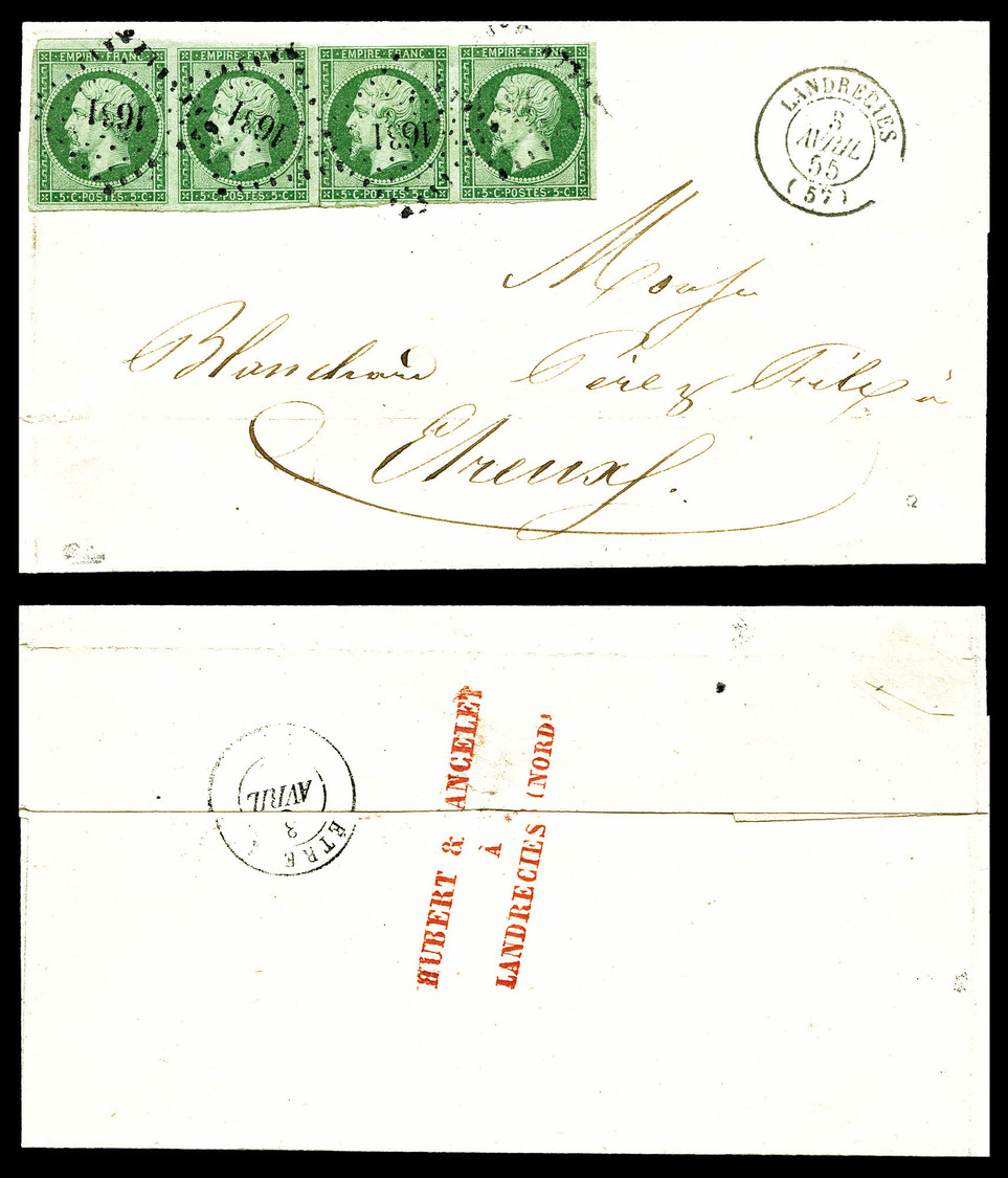 O N°12, 5c Vert, Bande De Quatre Obl PC 1631 Sur Lettre De Landrecies Le 3 Avril 55 Pour Etreux. TTB (certificat)  Cote: - 1849-1876: Période Classique