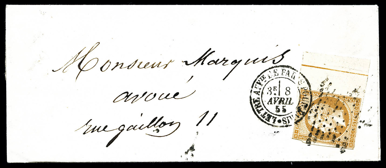 O N°13Ad, 10c Bistre Bdf Avec Filet D'encadrement Sur Lettre Locale De Paris, TB (certificat)  Cote: 2000 Euros  Qualité - 1849-1876: Période Classique