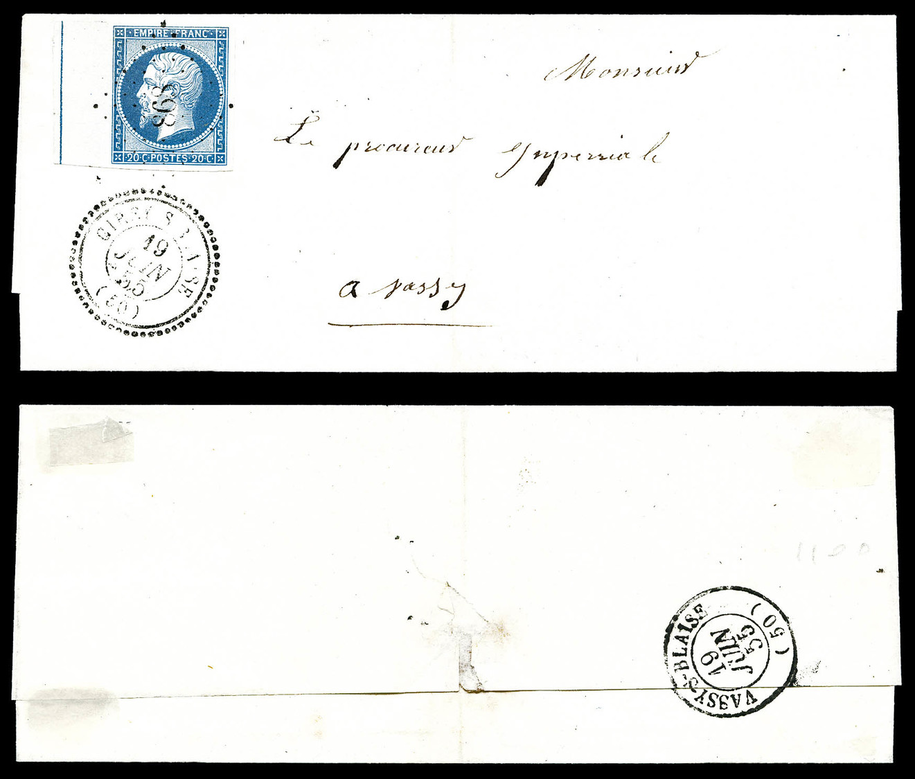 O N°14Ai, 20c Bleu Type I Bord De Feuille Avec Filet D'encadrement De Cirey S Blaise (50), SUP (certificat)  Cote: 1000 - 1849-1876: Période Classique