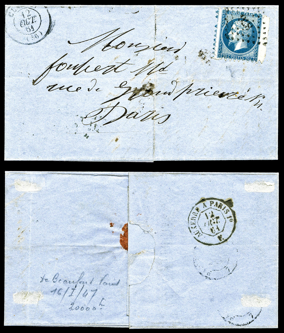 O N°14B, 20c Bleu 'PIQUAGE DE CLAMECY', Bord De Feuille, Oblitéré PC '876' Sur Petite Lettre De Clamecy Le 12 Oct 61 Pou - 1849-1876: Période Classique