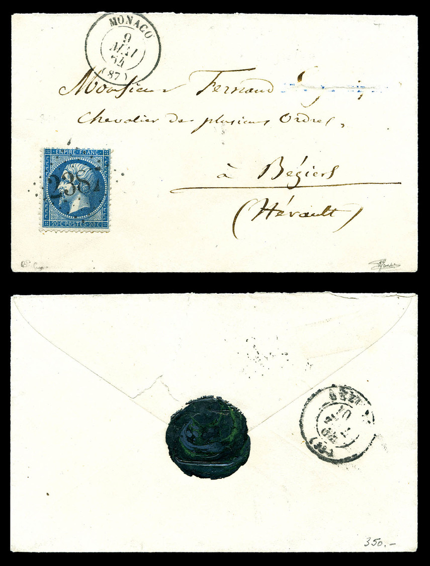 O N°22, 20c Empire Dentelé Obl GC '2387' + Càd Sur Lettre Au Départ De Monaco Le 9 Mai 64, Arrivée à Bezier. SUP (signée - 1849-1876: Période Classique