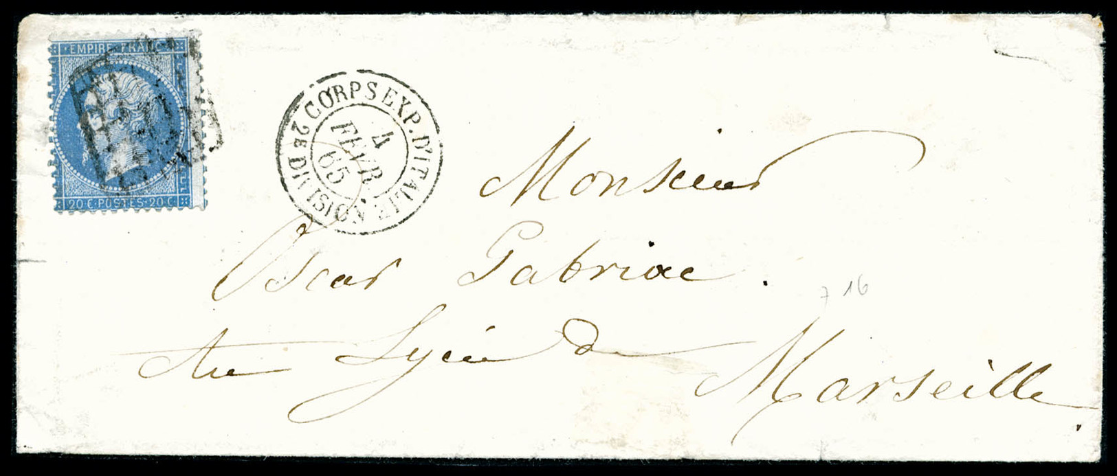 O N°22, 20c Bleu Obl Grille Sur Lettre + Cachet 'Corps Expéditionnaire D'Italie 2ème Division', TTB (certificat)    Qual - 1849-1876: Période Classique