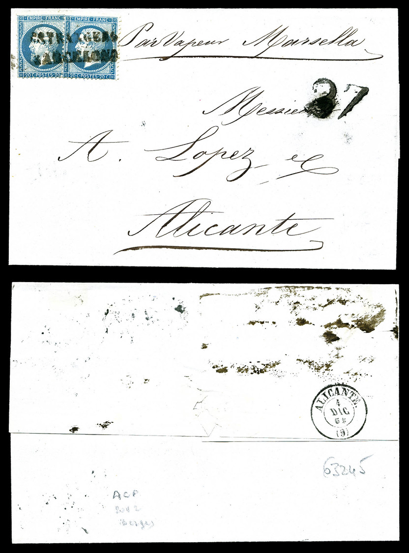 O N°22, 20c Bleu X2 Ex Obl 'ESTRANGERO BARCELONA' Sur Lettre De Marseille Pour Alicante 1862. TB    Qualité: O - 1849-1876: Période Classique