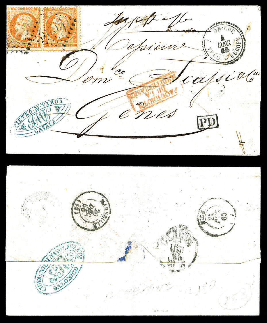 O N°23, 40c Orange, Paire Obl GC 5095 Sur Lettre Acheminée De Cavalle à Salonique Le 21 Dec 65, Arrivée à Gênes Le 21 De - 1849-1876: Période Classique