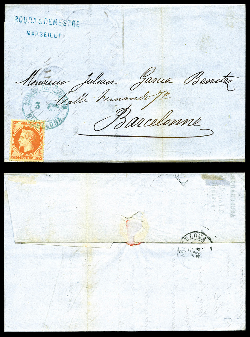 O N°31, 40c Lauré Obl Cachet Bleu ADMON DE CAMBIO BARCELONA' 3Cvos/France Sur Lettre De Marseille Le 12 Fev 1870, Arrivé - 1849-1876: Période Classique