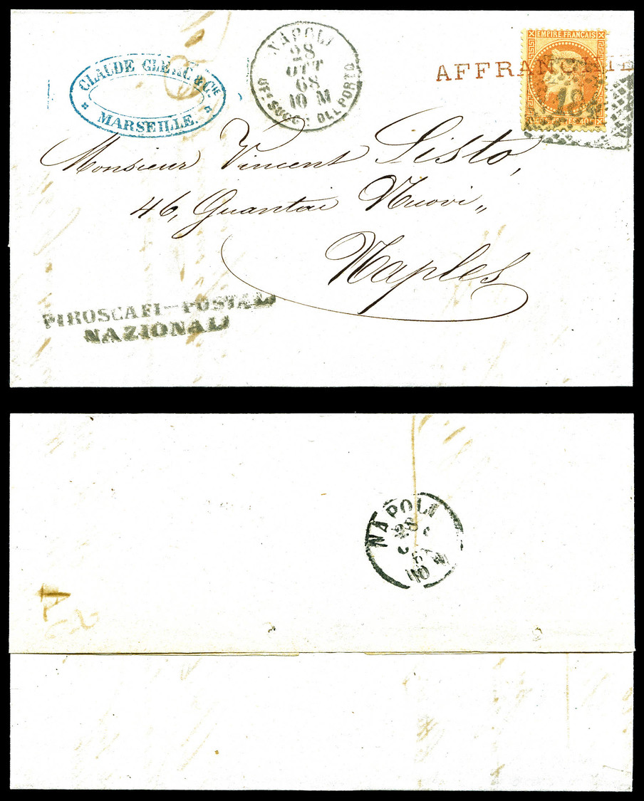 O N°32, 40c Lauré Obl Italienne GC 184 (Napoli) + Griffe Rouge 'AFFRANCHIE/France' Sur Lettre De Marseille Du 24 Oct 68, - 1849-1876: Période Classique