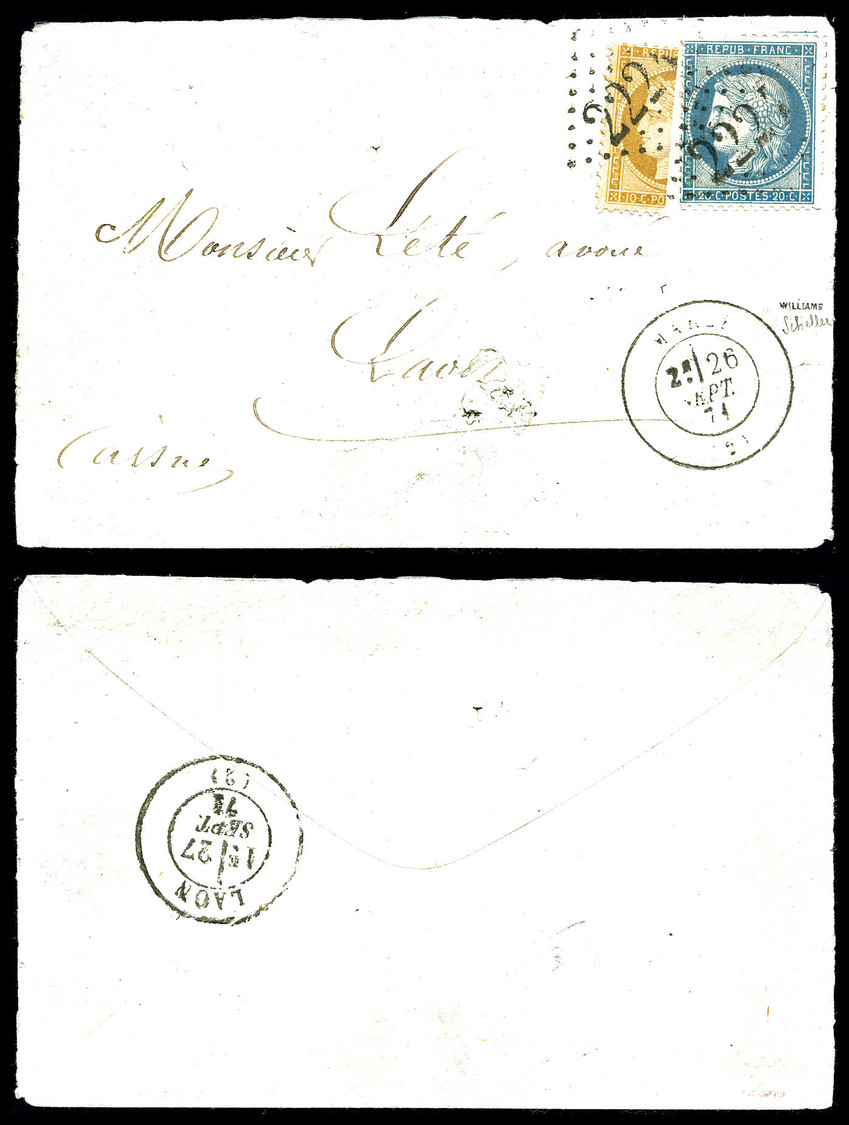 O N°36, 10c Bistre-jaune Coupé +20c Siège (N°37) Sur Lettre De Marle Du 26 Sept 1871 Pour Laon. SUP. R.R. (signée Schell - 1849-1876: Période Classique