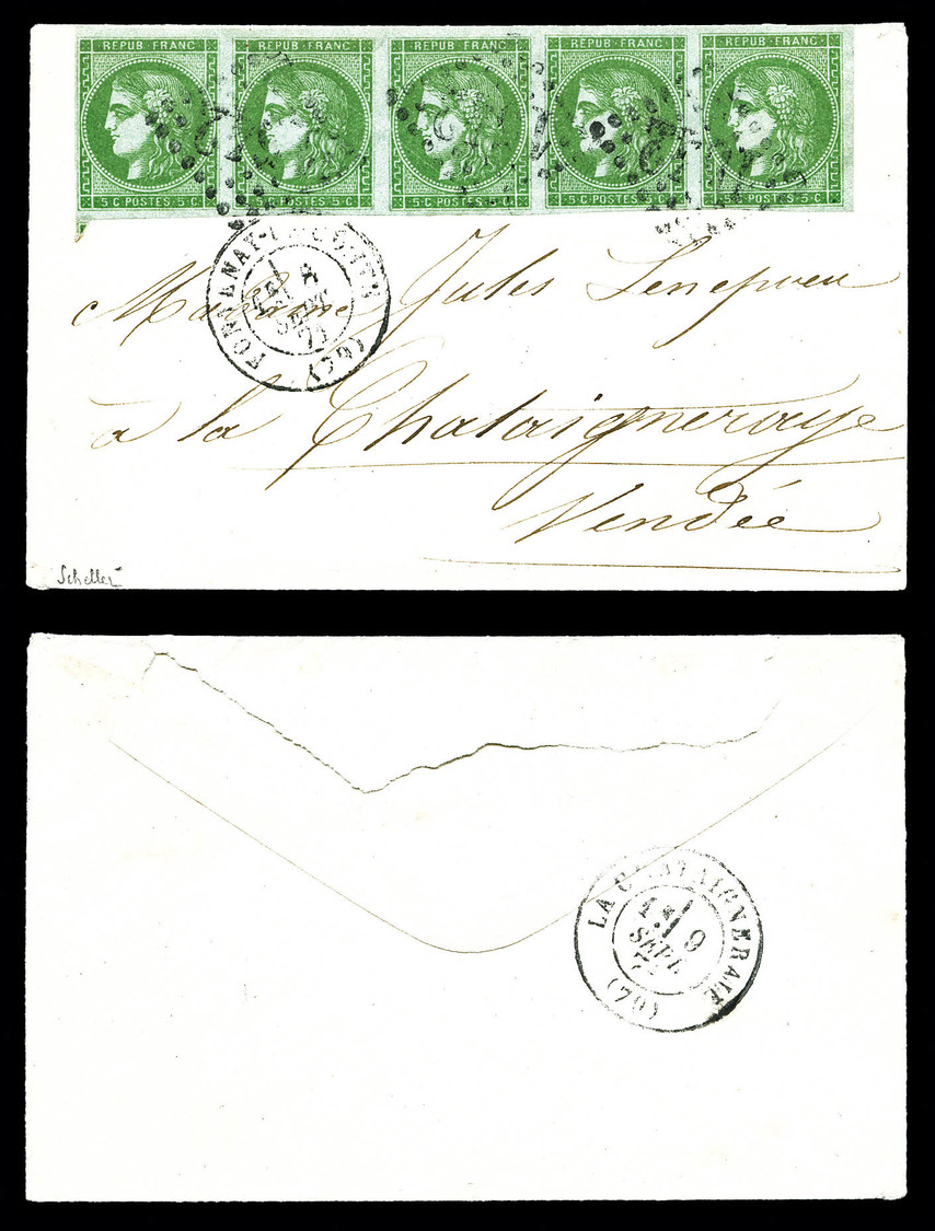 O N°42B, 5c Vert-jaune Rep 2 En Bande De Cinq Obl GC + Cad T17 Sur Petite Lettre De Fontenay Le Compte Le 8 Sept 71 Pour - 1849-1876: Période Classique