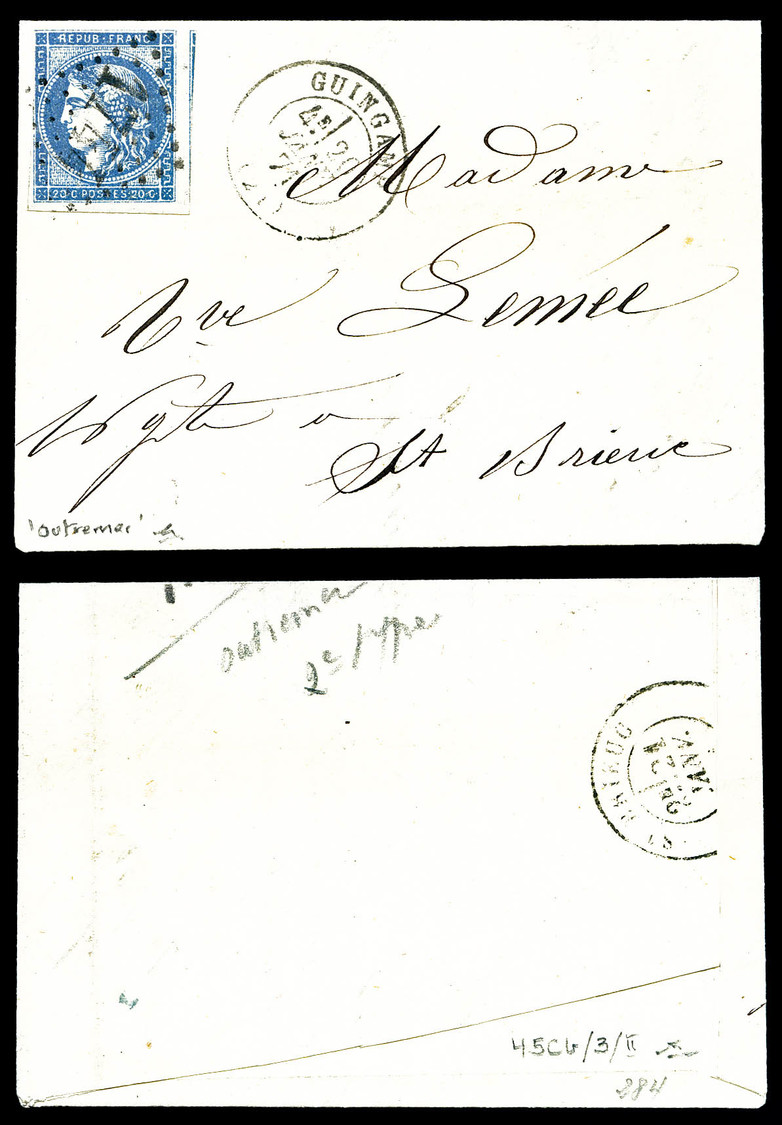 O N°45Cb, 20c Type II Report 3 Avec Rare Nuance Outremer, Obl Gros Chiffres 1744 Sur Lettre (manque Un Rabat) à Destinat - 1849-1876: Période Classique