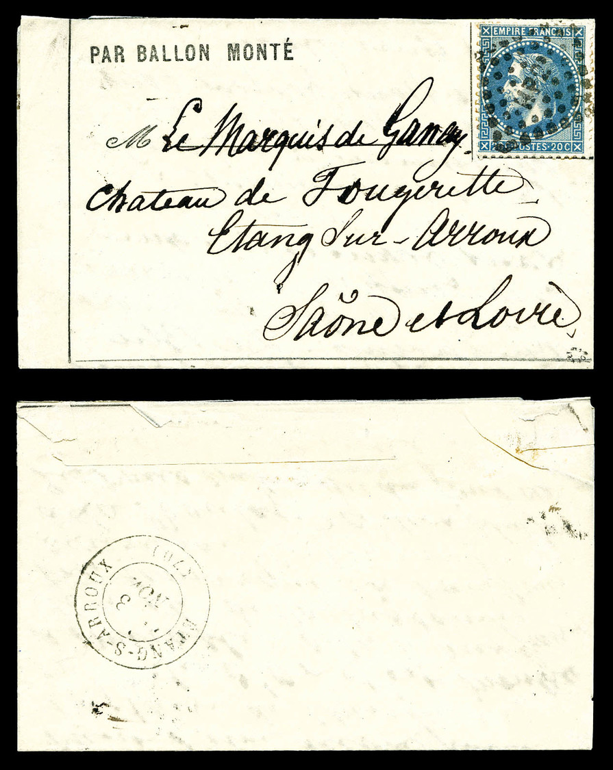 O Pli Confié Du GARIBALDI, Ballon Monté Pour Etang Sur Arroux Avec 20c Lauré Obl HP2 De L'ambulant Le Havre à Paris, Arr - Guerre De 1870