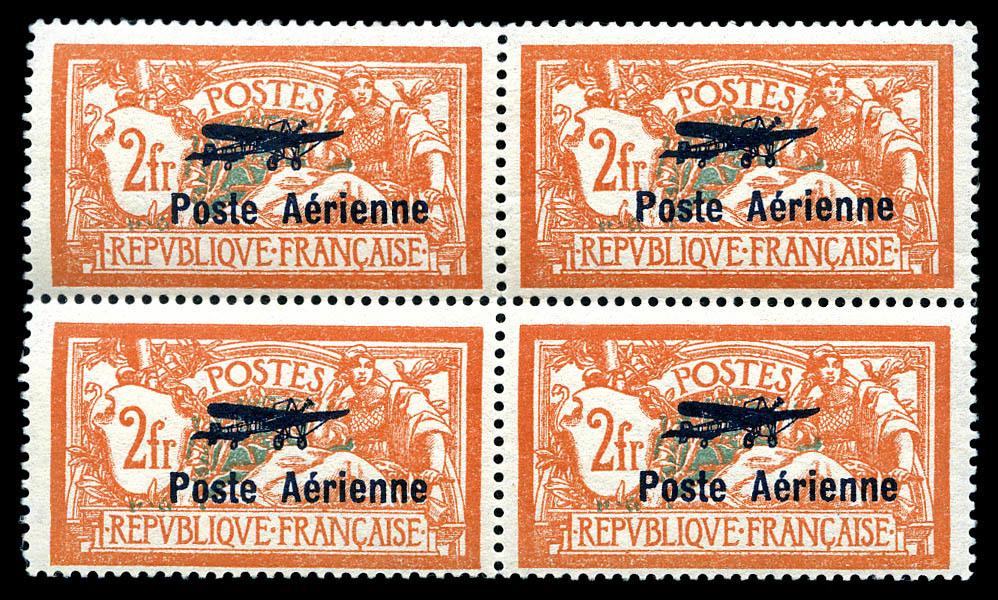 ** N°1a, 2F Orange Et Vert-bleu, Coin De L'écusson Cassé Tenant à Normaux En Bloc De Quatre, Fraîcheur Postale, SUPERBE. - 1927-1959 Neufs