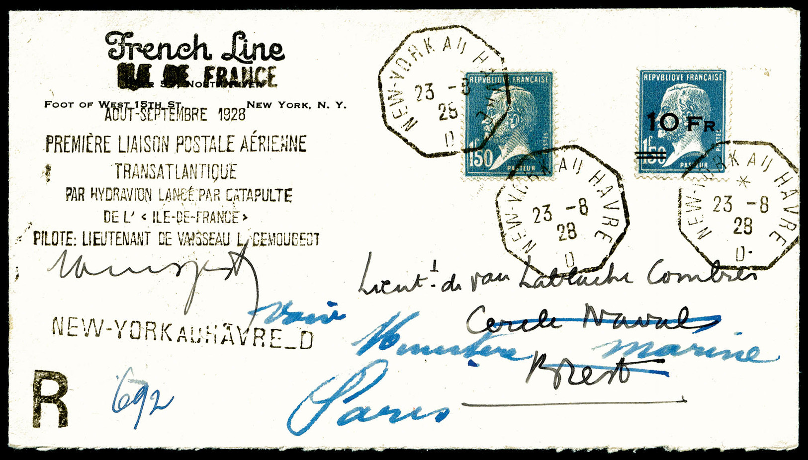 O N°4, Pasteur 10F Sur1F50 Bleu Surchargé à Bord Du Paquebot 'Ile De France' (+N°181) Sur Lettre Recommandée Avec Griffe - 1927-1959 Neufs