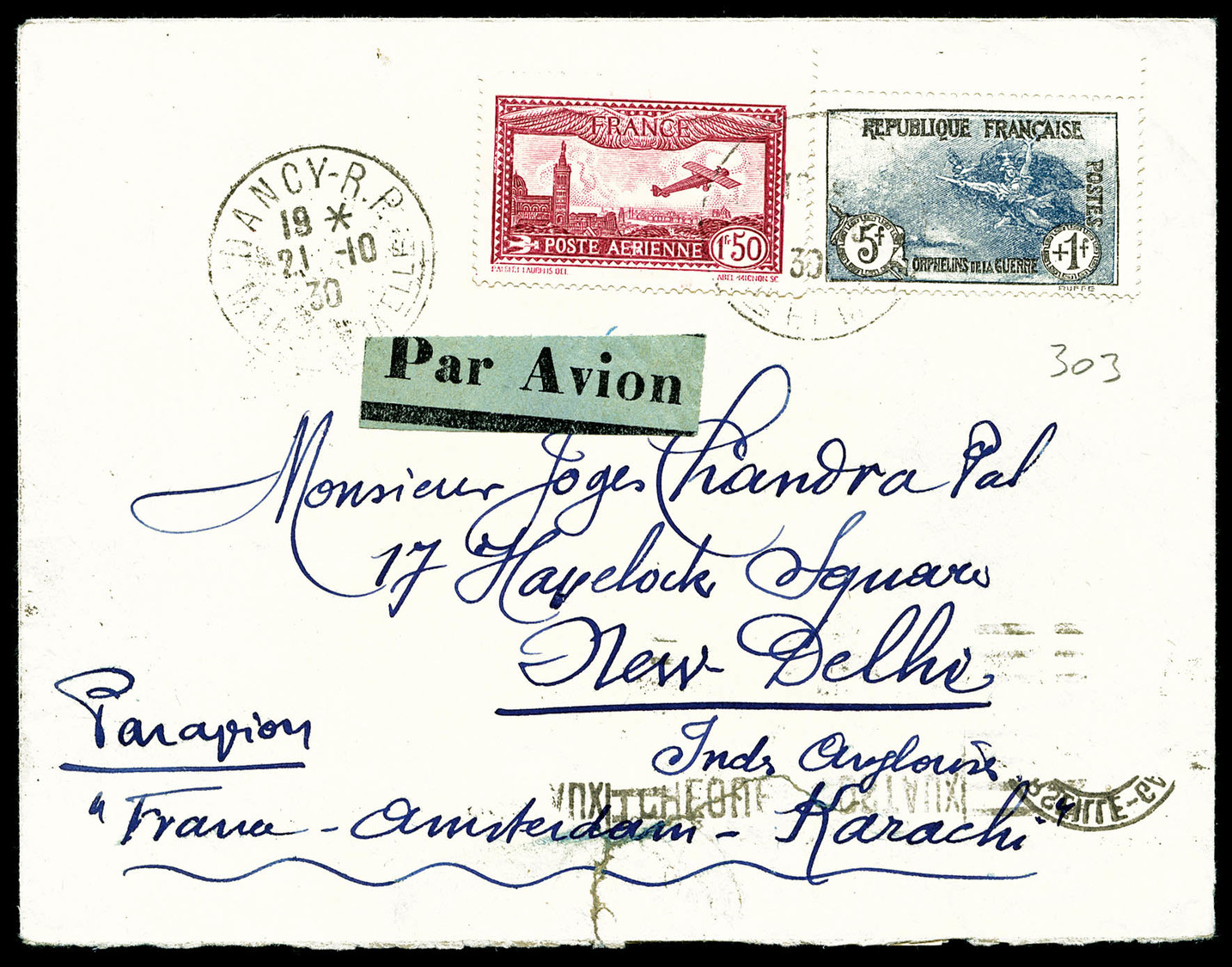 O N°6, 1f 50 Carmin + Orphelins (N°232) Sur Lettre De Nancy 21 Oct 1930 à Destination De NEW DELHI Avec Mention 'PAR AVI - 1927-1959 Neufs