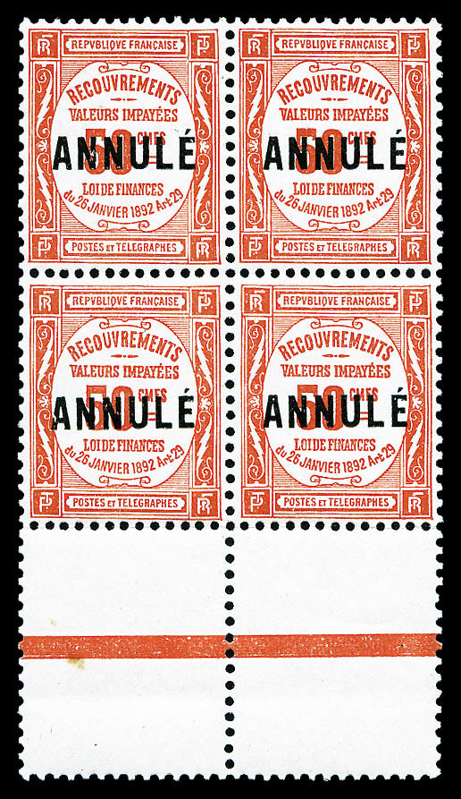 ** N°47-CI 1, 50c Rouge Surchargé 'ANNULÉ' En Bloc De Quatre Bas De Feuille, Très Bon Centrage, RARE Et SUPERBE (certifi - Cours D'Instruction