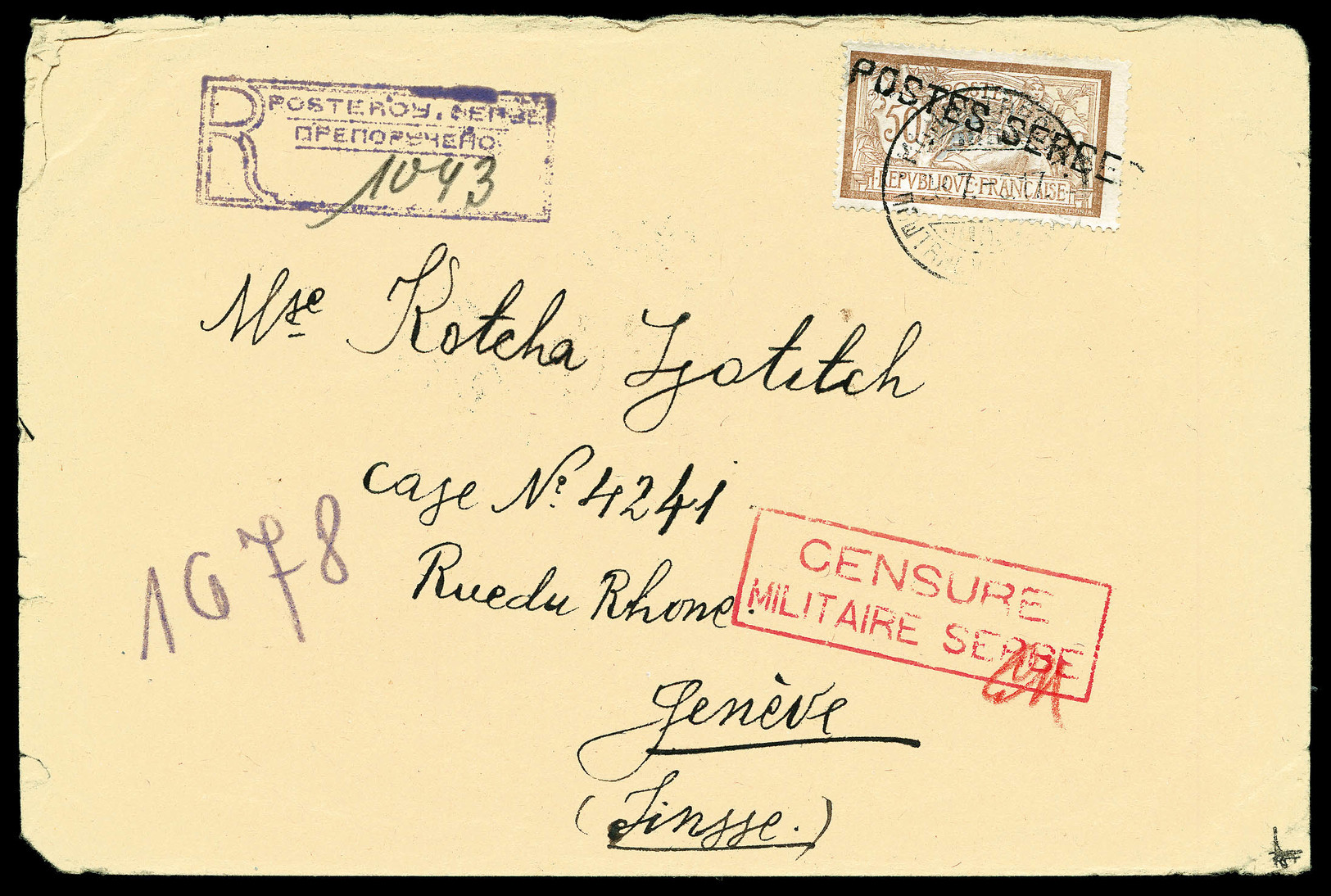 O N°13, 50c Brun Et Gris Sur Lettre De Corfou à Destination De Genève Avec Mention R 1043 Et Censure Militaire Serbe En - Guerre (timbres De)