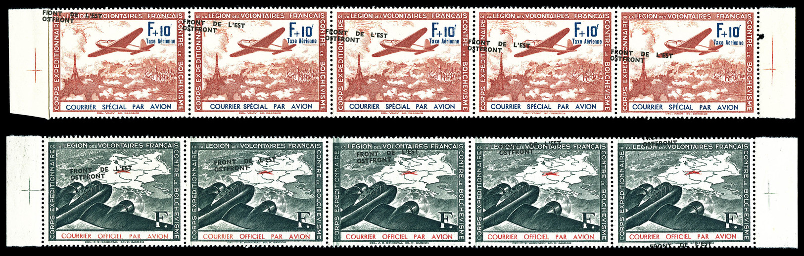 ** N°4a/5a, F Vert Foncé Et Rouge Et F+10 Carmin Et Bleu: Surcharge à Cheval Sur 2 Bandes De 5 Exemplaires Bdf, SUP (cer - Guerre (timbres De)