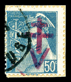 O N°4, AHUN (creuse), 50c Turquoise Surcharge Rouge. TTB (signé Mayer)  Cote: 450 Euros  Qualité: O - Libération