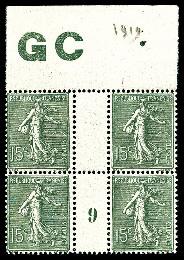 ** N°130, 15c Vert-gris: Bd4 Millésime '9' Avec Manchette 'GC' Papier Chamois, TB  Cote: 150 Euros  Qualité: ** - Millésimes