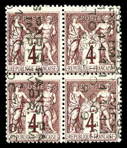 (*) N°14, 4c Lilas-brun Surchargé 5 Lignes En Bloc De Quatre, GRANDE RARETÉ, SUPERBE (signé Calves/certificat)   Cote: 6 - 1893-1947