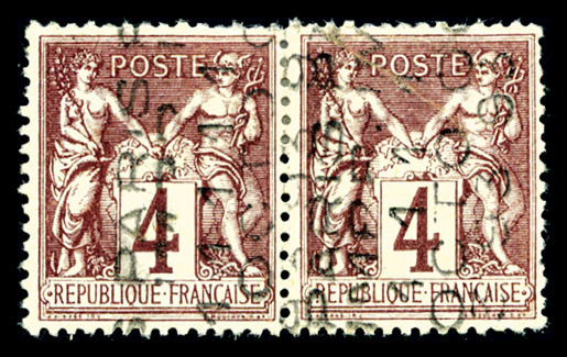 (*) N°14, 4c Lilas-brun Foncé Surchargé 5 Lignes Du 1er Octobre En Paire Horizontale, R.R.R, SUP (signé Brun/Scheller/ce - 1893-1947