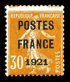 (*) N°35, 30c Orange Surchargé 'POSTE FRANCE 1921', RARE Et SUPERBE (signé/certificat)   Cote: 6500 Euros  Qualité: (*) - 1893-1947