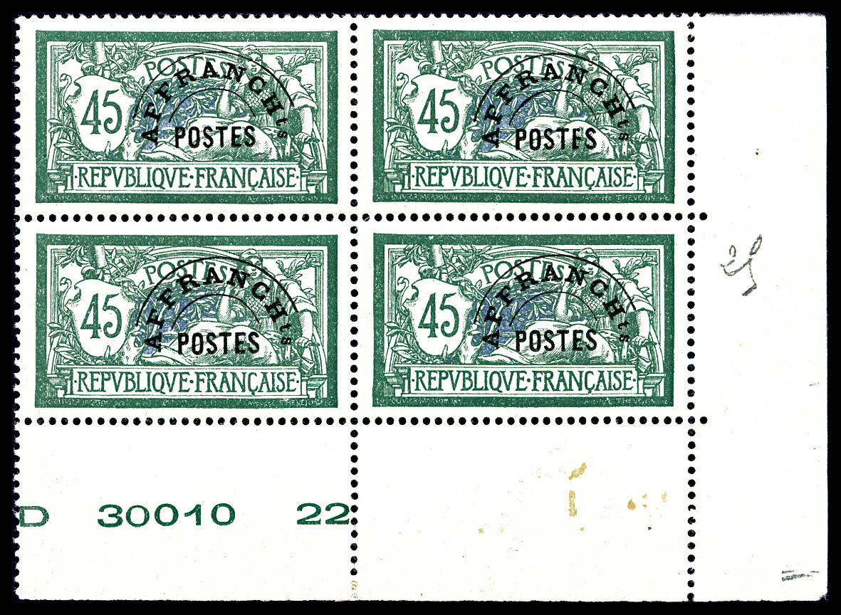 ** N°44, Merson, 45c Vert Et Bleu En Bloc De Quatre Cdf Numéroté, Très Bon Centrage, SUP (certificat)  Cote: 520 Euros - 1893-1947