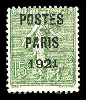 (*) N°28a, 15c Vert-olive. Postes Paris 1921. Grands Chiffres '192'. SUP. R.R.R. (signé Calves/certificat)  Cote: 3250 E - Non Classés