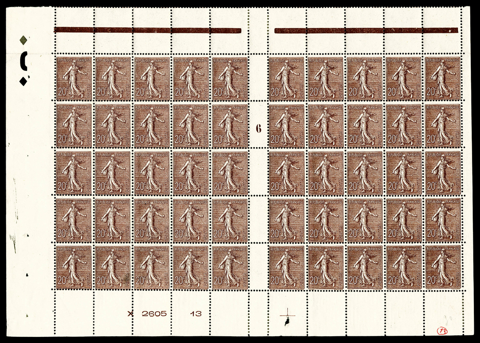 ** N°131c, Semeuse 20c Chocolat (1906) En Panneau Complet De 50 Exemplaires Bas De Feuille. SUPERBE. R.R.R (certificat) - Feuilles Complètes