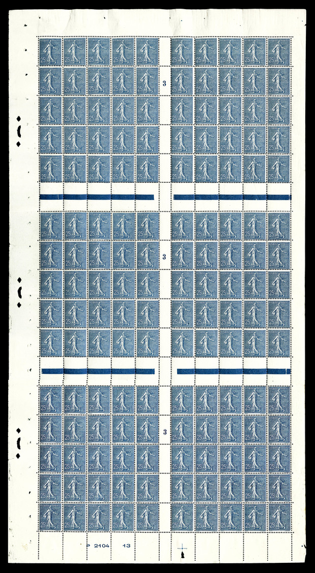 ** N°132a, Semeuse 25c Bleu Foncé, Feuille Complète De 150 Exemplaires Millésime '3'. PIECE SUPERBE. R.R.R (certificat) - Feuilles Complètes