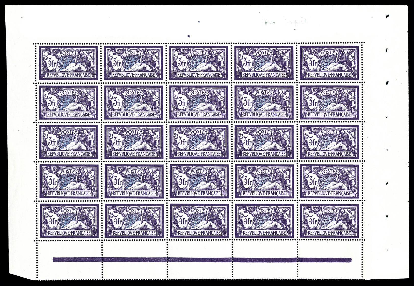 ** N°206, Merson 3f Violet-foncé Et Bleu, Panneau Complet De 25 Exemplaires, Fraîcheur Postale. SUP (certificat)  Cote: - Feuilles Complètes