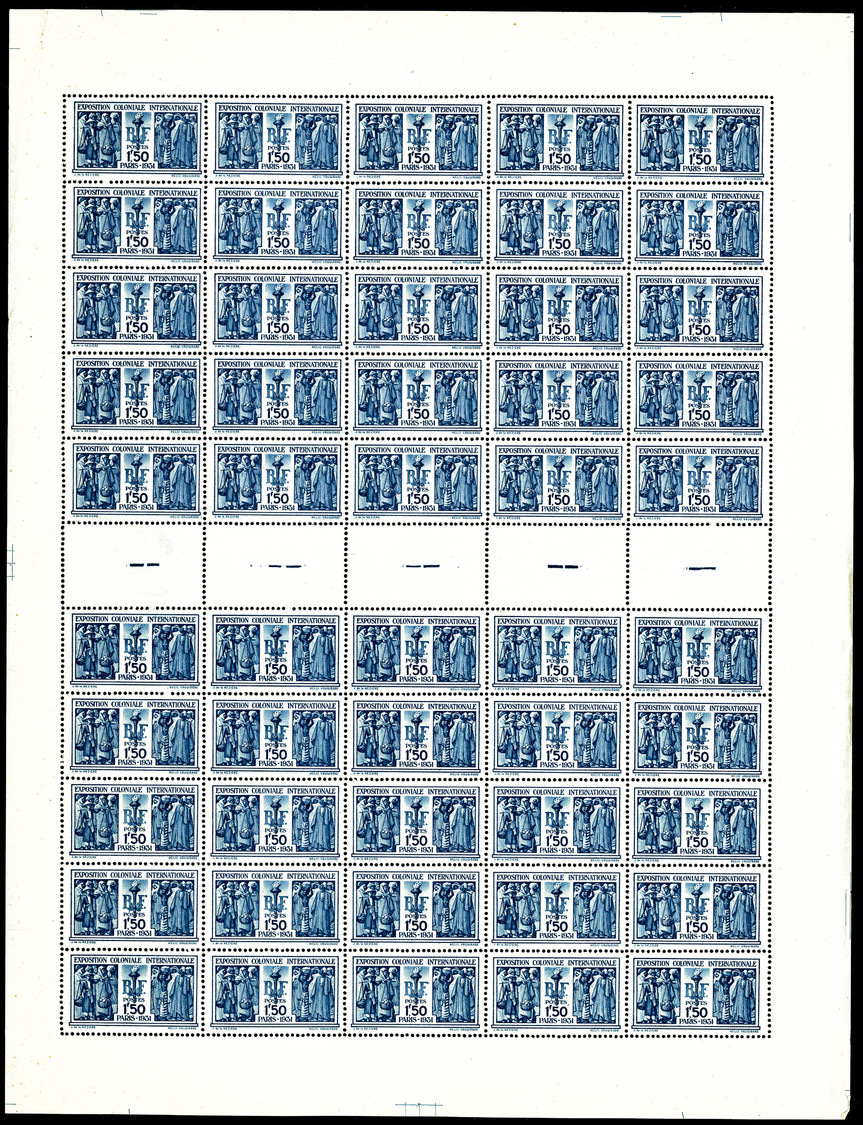 ** N°274, Expo Coloniale De 1930: 1F50 Bleu En Feuille Complète De 50 Exemplaires. SUP. R.R. (certificat)  Cote: 5500 Eu - Feuilles Complètes