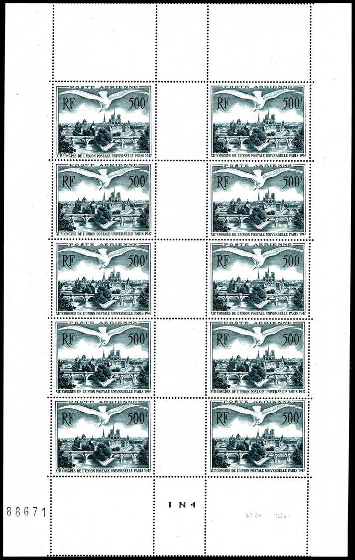 ** N°20, U.P.U, 500F Vert-foncé En Feuille Complète De 10 Exemplaires, TB (certificat)  Cote: 700 Euros  Qualité: ** - Feuilles Complètes