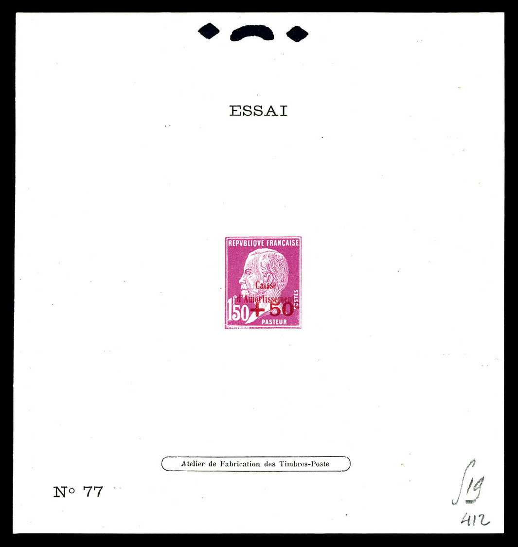 (*) épreuve D'atelier, Type Non émis: Mention 'Essai N°77' 1f50 Violet Clair +50c Rouge Pasteur CA, R.R.R Et SUP (certif - Epreuves D'artistes