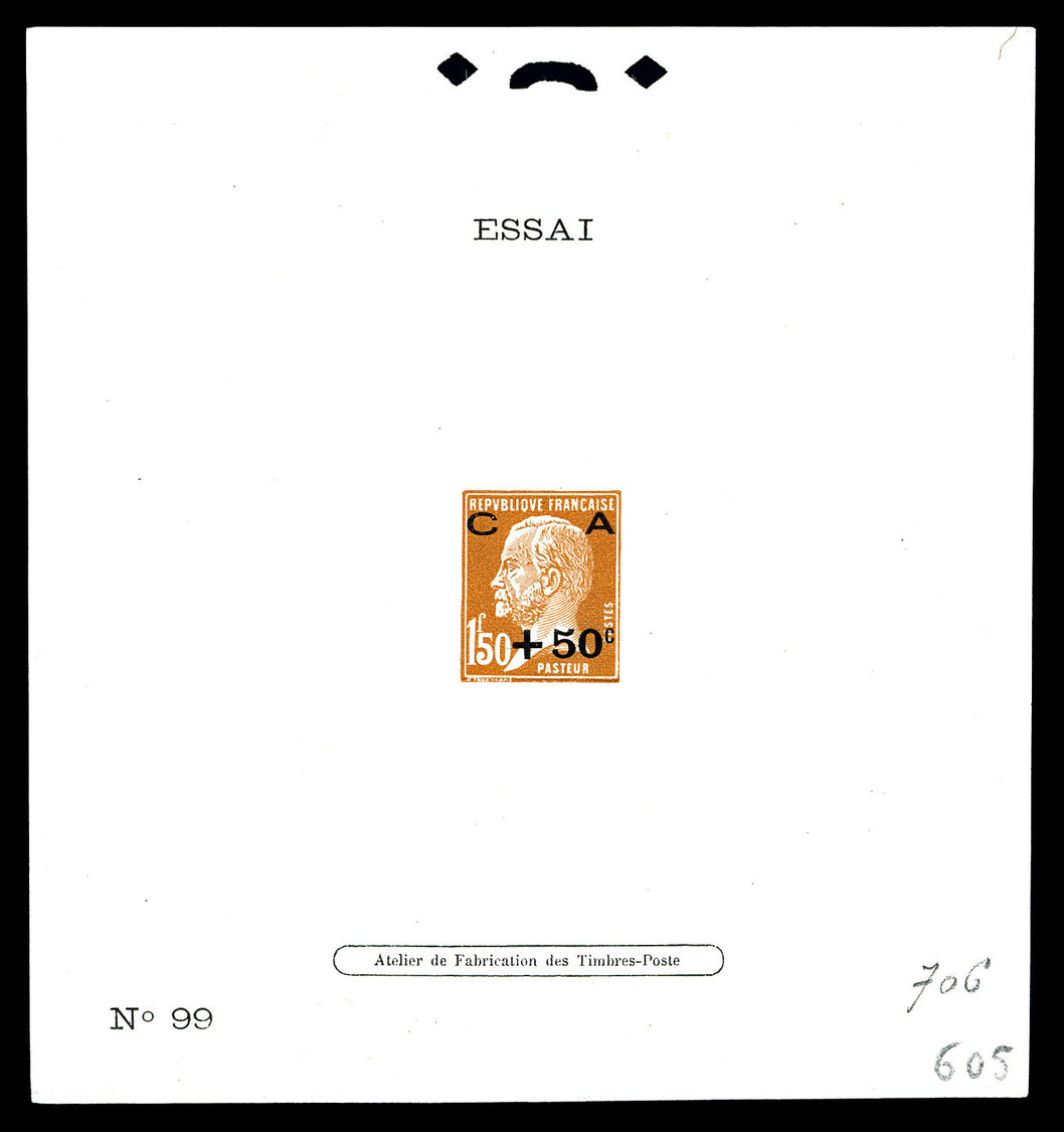 (*) épreuve D'atelier, Type Non émis: Mention 'Essai N°99' 1f50 Brun Clair +50c Noir Pasteur CA, R.R.R Et SUP (certifica - Epreuves D'artistes