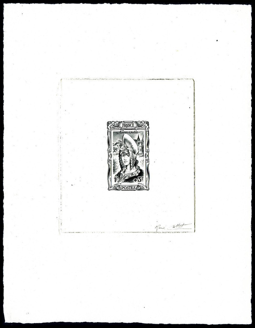 (*) N°598, Non émis 1943, Coiffe Régionale De NORMANDIE, épreuve D'artiste En Noir Signée . R.R. SUP (certificat)    Qua - Epreuves D'artistes