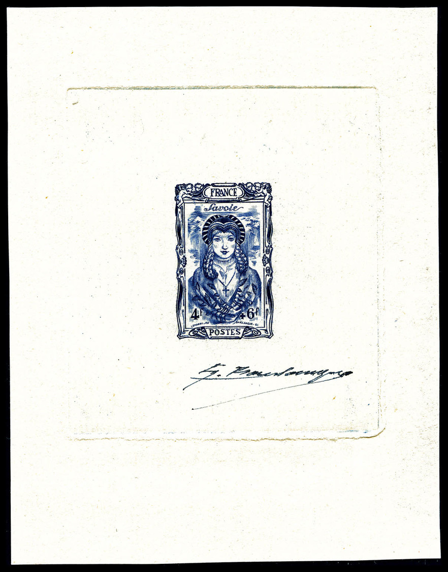 (*) N°598, Non émis 1943, Coiffe Régionale De SAVOIE, épreuve D'artiste En Bleu Signée Barlangue. R.R. SUP (certificat) - Epreuves D'artistes