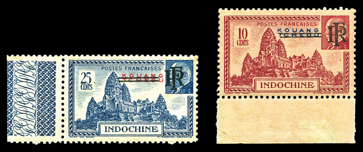 * N°299a/300a, 10c Rouge Carminé Et 25c Bleu, Les 2 Exemplaires KOUANG TCHEOU Barré, Bord De Feuille. SUPERBE. R.R. (sig - Neufs