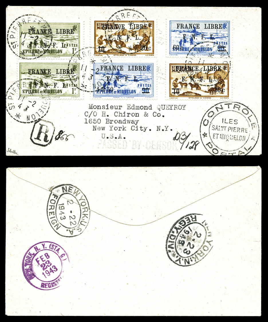 O N°263 X2, 274 X2, 276 X2 Sur Lettre Recommandée Censurée De St Pierre Le 11 Fev 43, Arrivée à New York Le 23 Fev 1943. - Neufs