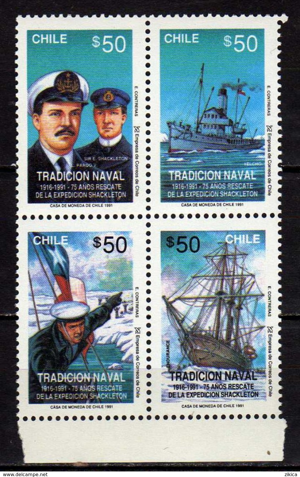 Chile 1991 Naval Tradition - The 75th Ann. Of Pardo's Rescue Of Shackleton Expedition.Ships/Explorers & Navigators. MNH - Chile