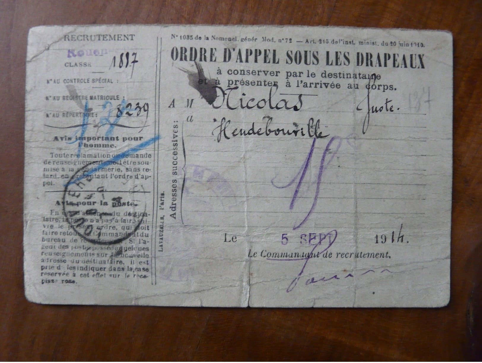 Lot4 - Guerre 14-18 WW1 - Ordre D'appel Sous Les Drapeaux 05/09/1914 - Historical Documents