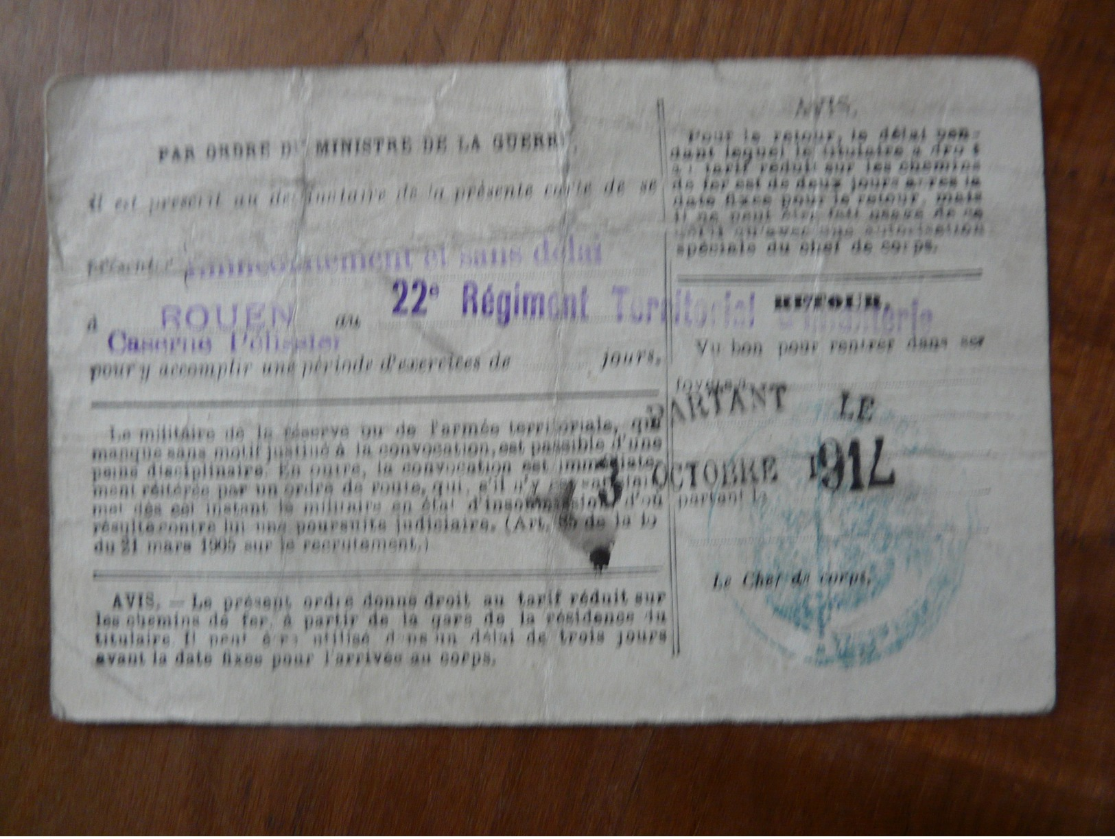 Lot4 - Guerre 14-18 WW1 - Ordre D'appel Sous Les Drapeaux 05/09/1914 - Historical Documents