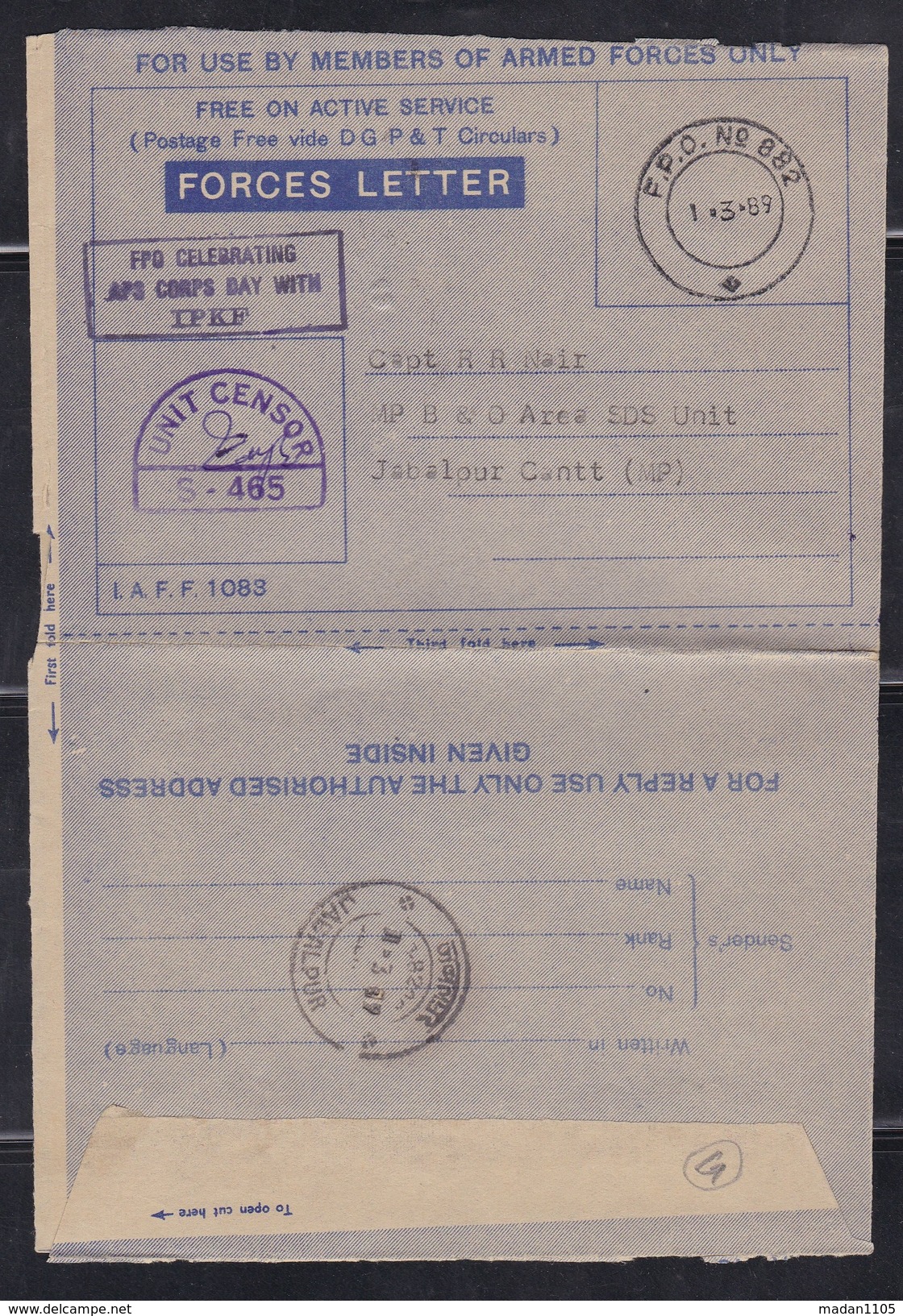 INDIA, 1988, IPKF, SRI LANKA, Forces Blue Letter Card,SCARCE, FPO 882 With IPKF Slogan, Censor  S-465 - Covers & Documents