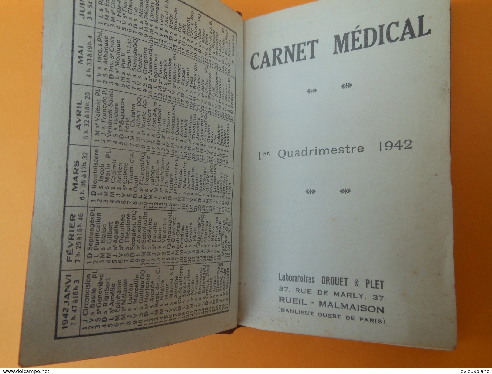 Agenda-Calendrier/Carnet Médical/Visites/1er Quadrimestre 1942/Labo.Drouet & Plet/RUEIL MALMAISON/ 1942           CAL359 - Kleinformat : 1941-60